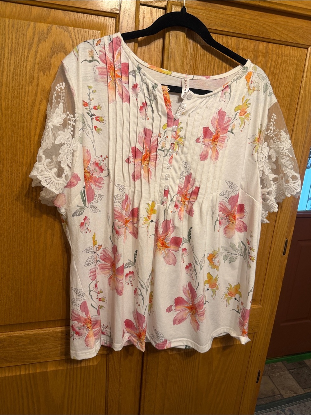 Lucky Brand White Floral Pintuck Blouse with Pink and Yellow Flowers